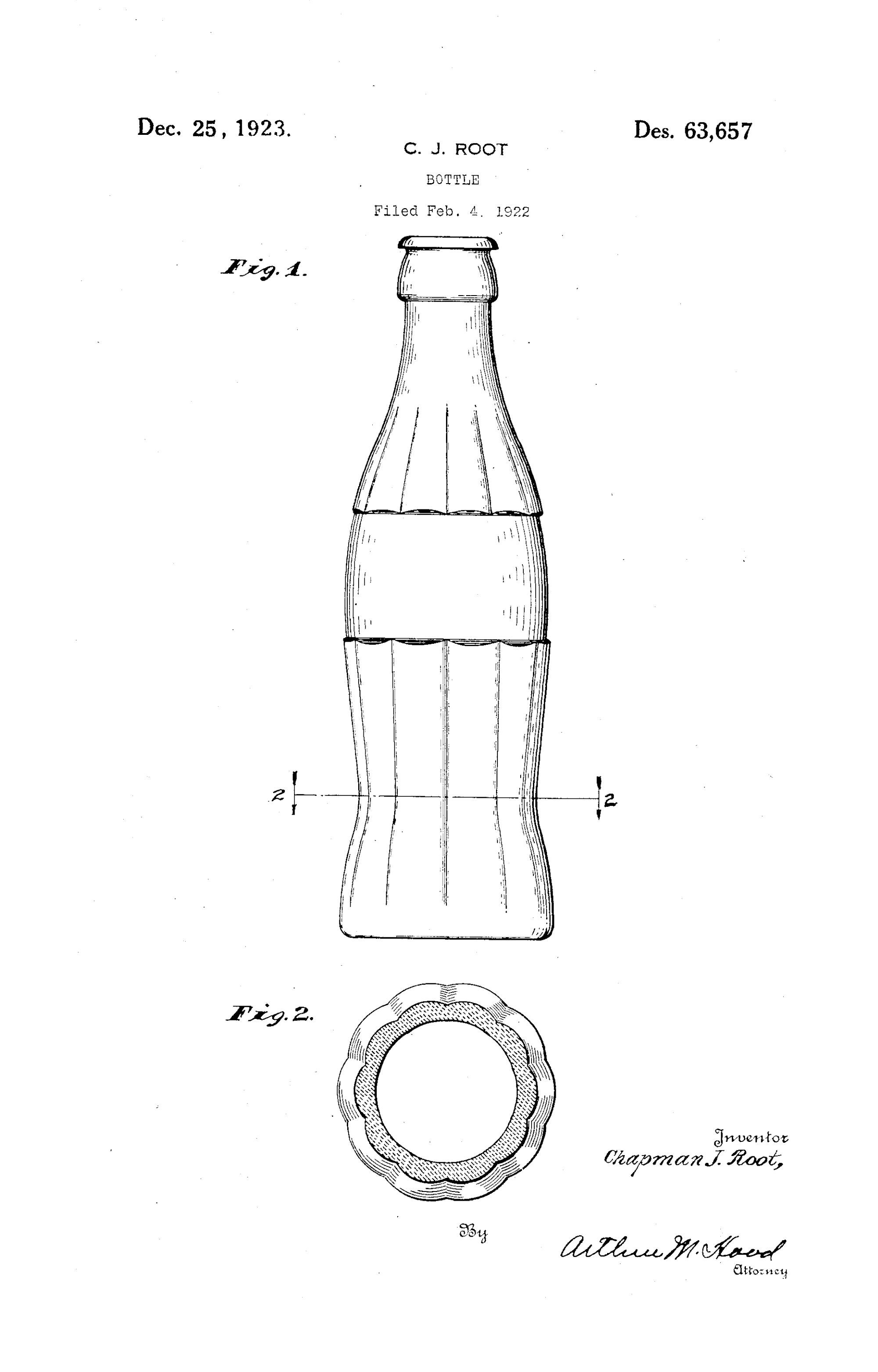  Bottle, Chapman J. Root, 1922/1923. Patent Number: USD 63,657, U.S. Patent Office 