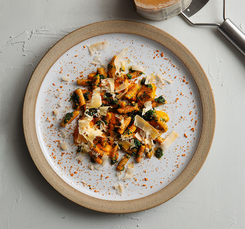 Carrot Juice Cavatelli, Tops Salsa and Spiced Pulp Crumble. Photography: Rick Poon