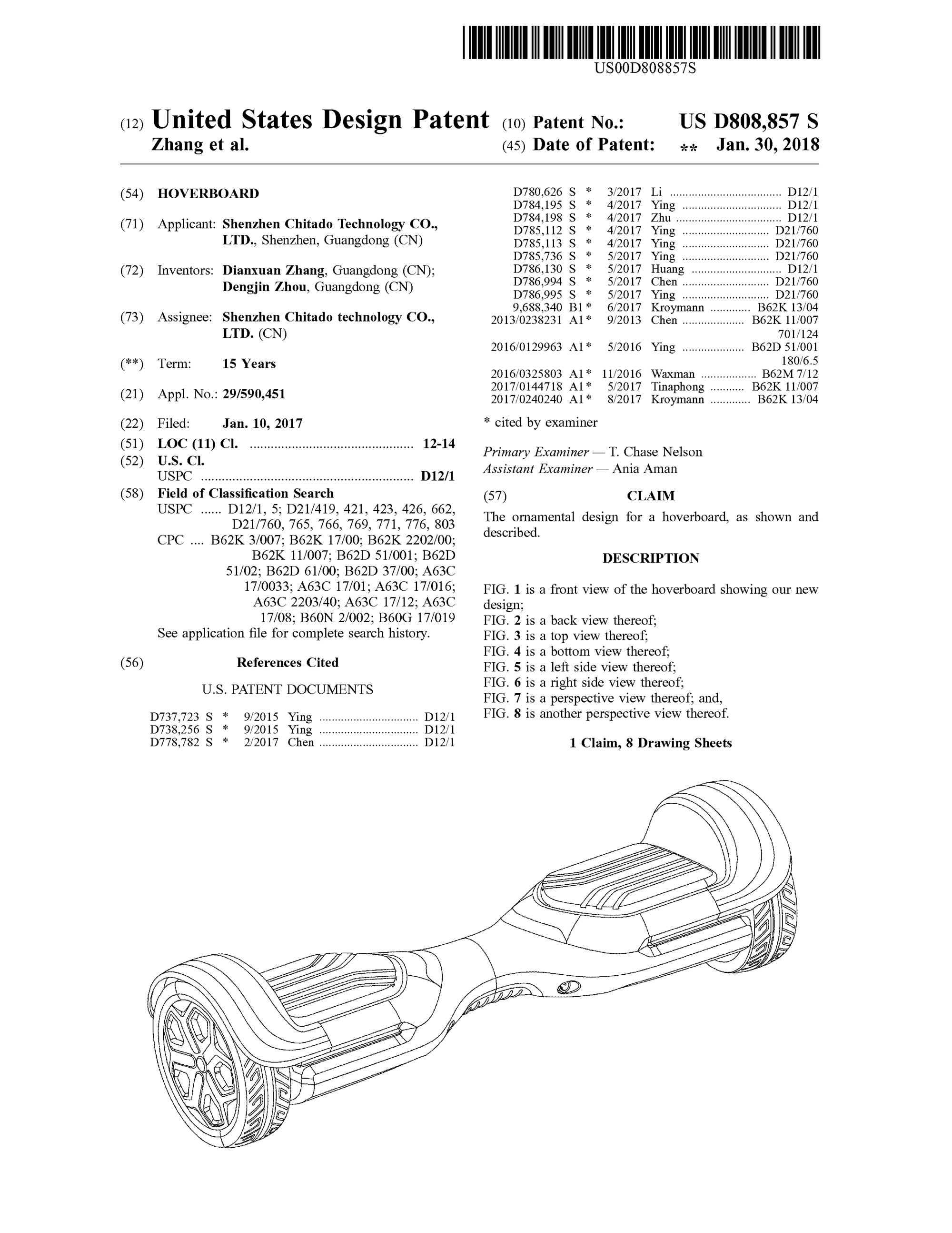  Hoverboard, Dianxuan Zhang, Dengjin Zhou, for Shenzhen Chitado Technology Company, 2017/2018. Patent Number: USD 808,857, U.S. Patent Office