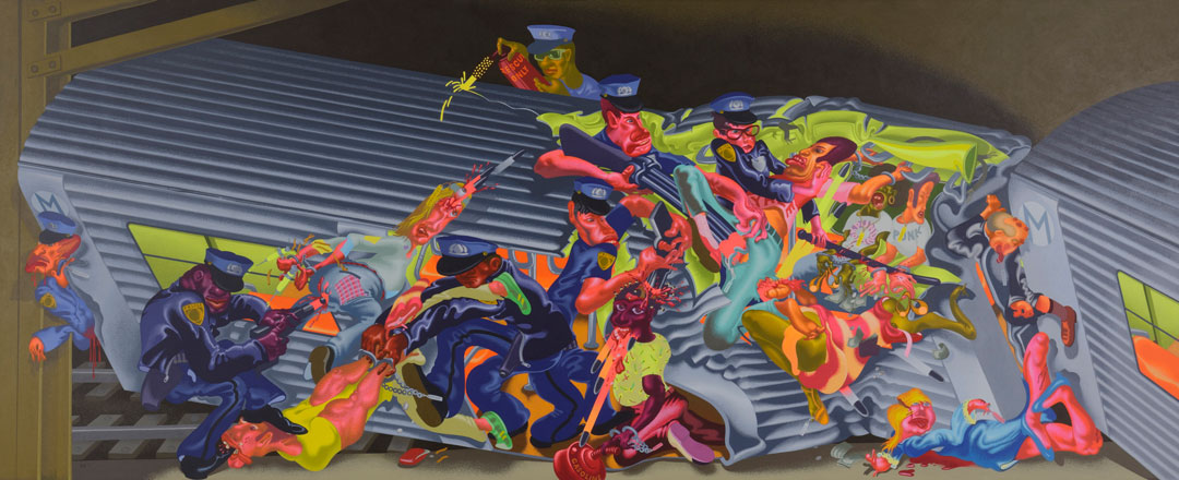 Peter Saul, Subway I, 1979. Acrylic on canvas, 67 x 164 in (170.2 x 416.6 cm). Hall Collection. Courtesy Hall Art Foundation. Photo: Jeffrey Nintzel