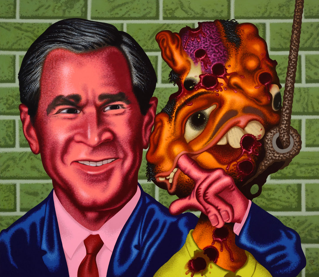 Peter Saul, Bush at Abu Ghraib, 2006. Acrylic on canvas, 78 x 90 in (198.1 x 228.6 cm). Hall Collection. Courtesy Hall Art Foundation. Photo: Jeffrey Nintzel