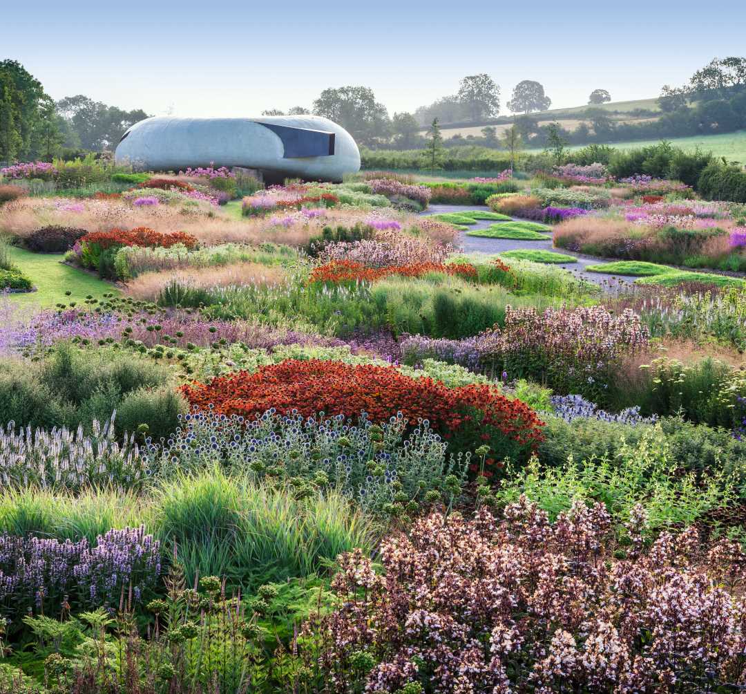 New Perennial Planting. The Piet Oudolf-designed 0.6 hectare (1.5 acre) Oudolf Field Garden at Hauser and Wirth, Bruton, Somerset, England, UK. Open to the public. Photo by Richard Bloom. New perennial planting is characterized by mixed groupings of perennials and ornamental grasses, within which are created repeating patterns of sweeping, intertwined drifts.