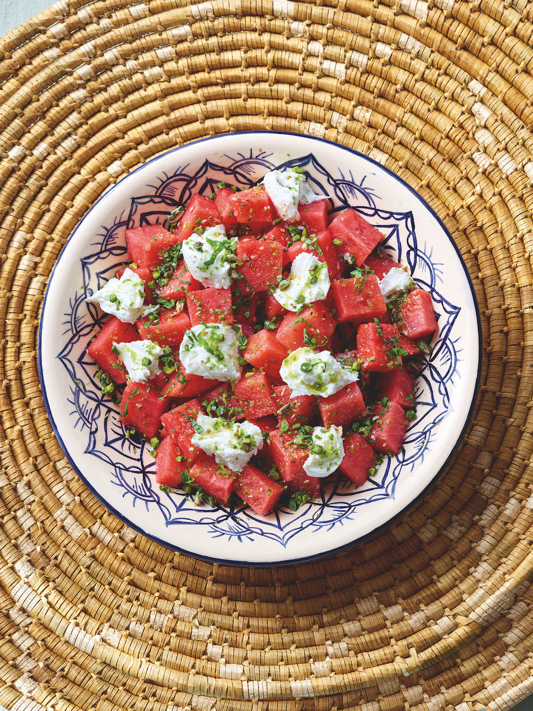 Watermelon and burrata with pistachios, mint and limeWatermelon and Burrata with Pistachios, Mint, and Lime