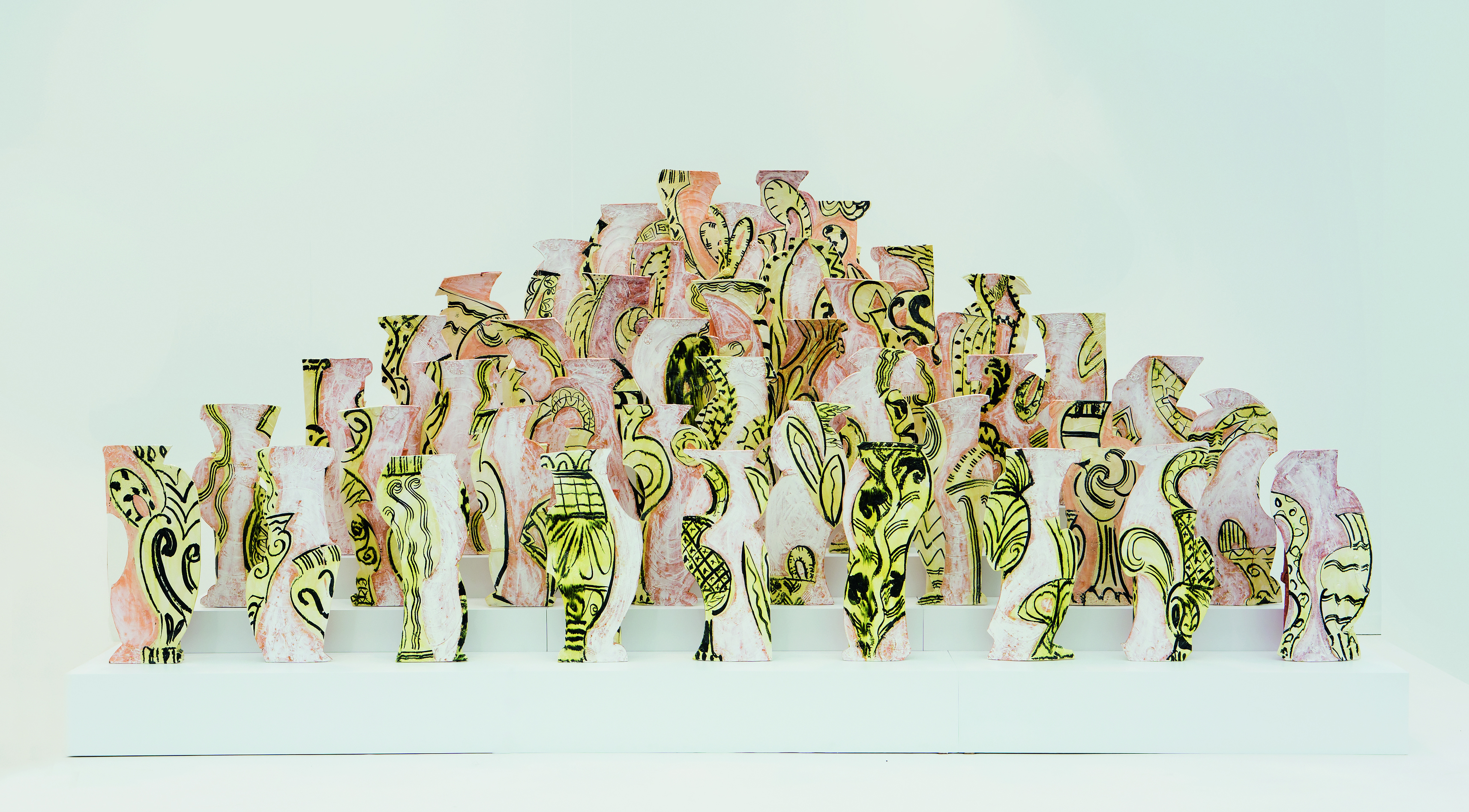 Betty Woodman, Aeolian Pyramid, 2001/2006, glazed earthenware, wood,   paint, 381 × 426.7 × 254 cm (150 × 168 × 100 in). Picture credit: Courtesy   the artist, Isabella Bortolozzi Galerie, Berlin, Galerie Francesca Pia, Zurich,   David, Kordansky gallery, Los Angeles, Salon 94, New York / Photo: Jeff Elstone