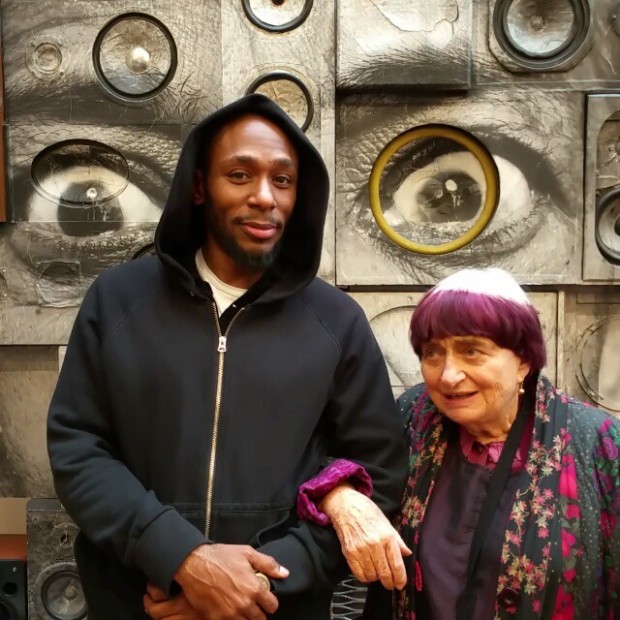 Agnes Varda and the rapper Mos Def in JR's studio. Image courtesy of JR's Instagram