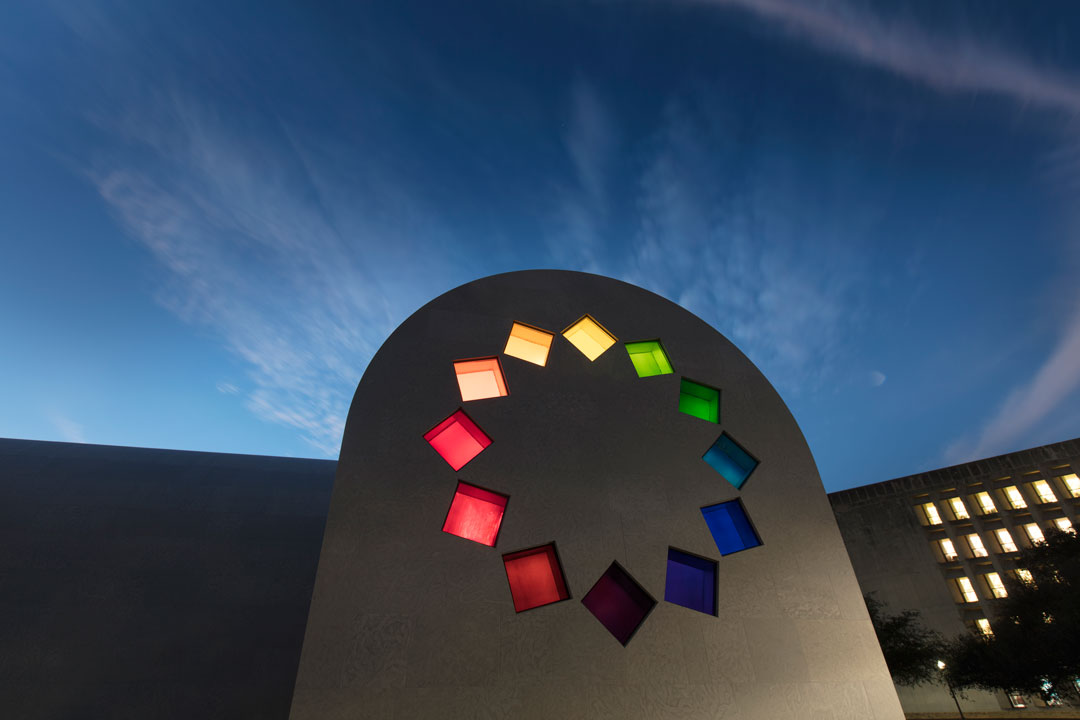 Ellsworth Kelly, Austin, 2015 (East façade) Artist-designed building with installation of colored glass windows, marble panels, and redwood totem 60 ft. x 73 ft. x 26 ft. 4 in. ©Ellsworth Kelly Foundation Photo courtesy Blanton Museum of Art, The University of Texas at Austin