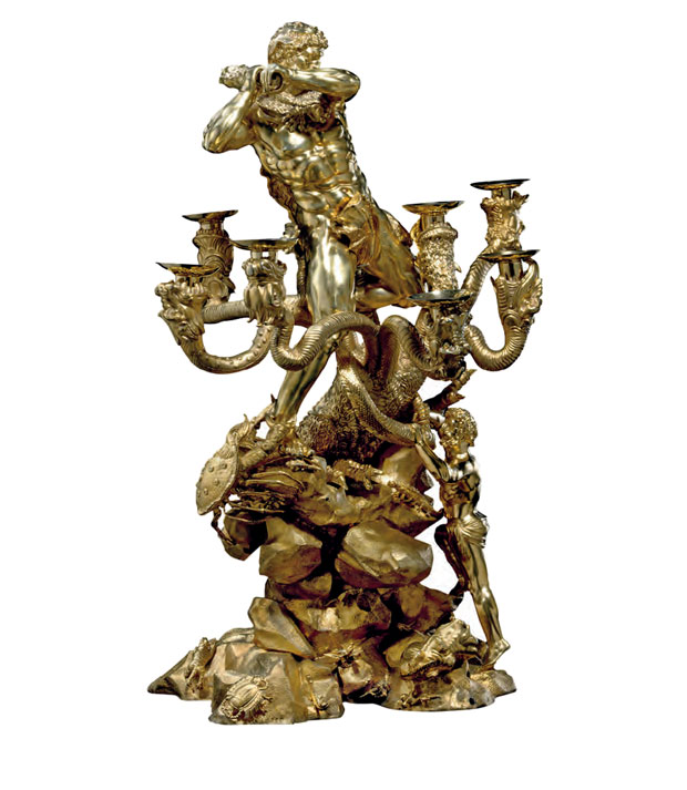 Edward Farrell (active 1813–1845), the Duke of York’s silver candelabrum centrepiece, 1824, silver gilt,  weighing up to 28 kg (1,000 oz), 86 cm (34 in) high
S A L E 19 March 1827, London E ST I M AT E Not published SOLD £343 5s 6d/$1,695 EQU I VA L E N T TODAY £26,500/$38,200