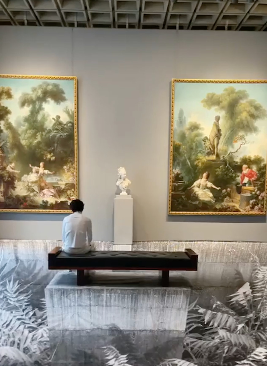 Timothée Chalamet sits above JR's new trompe l'oeil at the Frick 