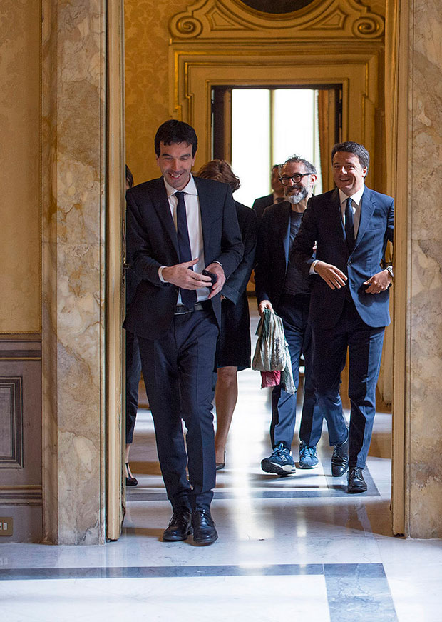 Matteo Renzi Massimo Bottura and agriculture minister Maurizio Martina at Palazzo Chigi. Image courtesy of Palazzo Chigi