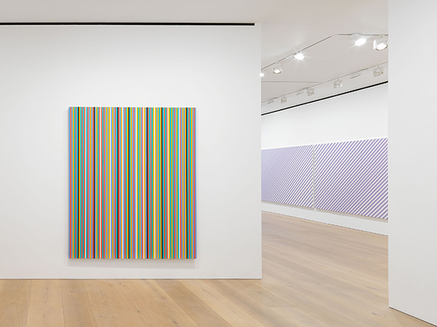 Installation view of Bridget Riley The Stripe Paintings 1961-2014, at David Zwirner, London