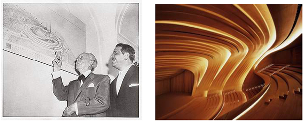 Frank Lloyd Wright with his Plan for Great Baghdad, 1957; right: Heydar Aliyev Centre, Baku Azerbaijan (2014) photo Helene Binet, photo courtesy Zaha Hadid Architects, London